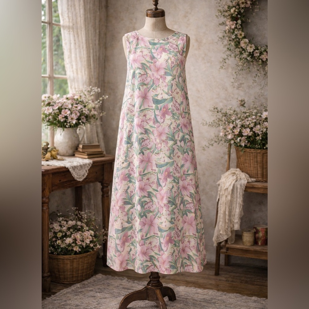 Vintage 1990s Hibiscus Collection, Pastel, Floral, Rayon Hawaiian maxi dress